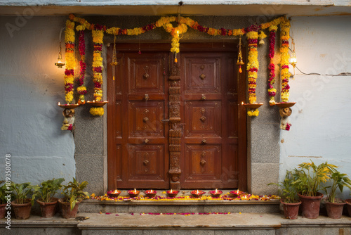 Wallpaper Mural Traditional South Indian wooden door decorated with oil lamps and flowers for Karthigai Deepam, welcoming festive exterior Torontodigital.ca