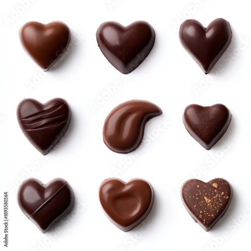 Assorted heart-shaped gourmet dark chocolate collection on white background