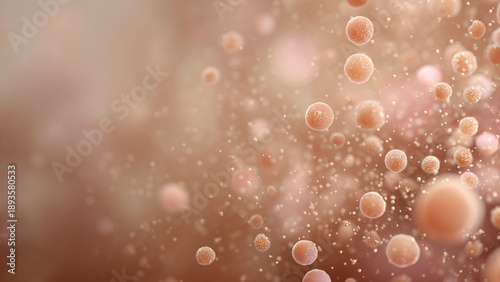 Soft cellular particle field with warm peach and amber tones.