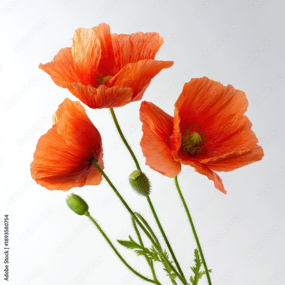 Naklejka premium Vibrant orange poppies against clear background with budding stems