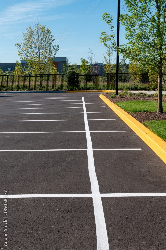 Obraz premium Empty parking lot in spring with fresh lines and trees on a sunny day