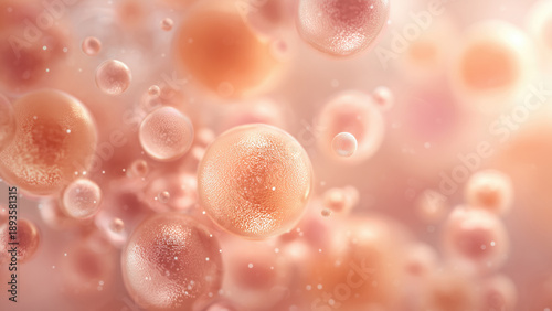 Soft cellular particle background with warm peach and blush tones.