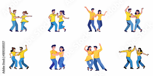 Flat vector illustration set of eight cheerful couples performing energetic Latin dances such as salsa, cha-cha, and mambo.