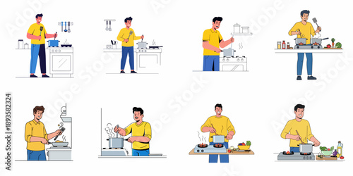 Happy Man Cooking Set: Vector illustrations of a male chef preparing meals in a kitchen using stove, pots, and pans.