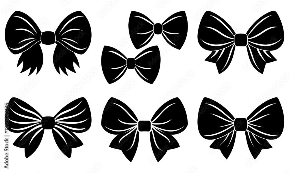 Obraz premium Collection of black and white bow illustrations displayed on a plain background from a front viewpoint