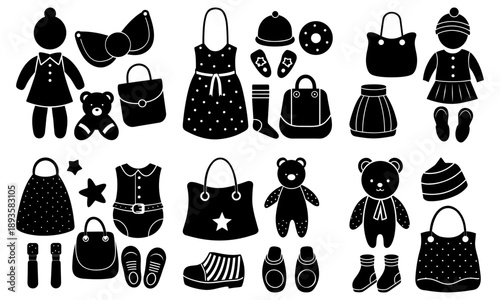 Collection of black silhouettes featuring baby clothes and accessories, toys, and handbags on a clean background