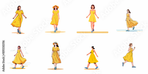Set of vector illustrations featuring women in stylish yellow summer dresses, walking, posing, and expressing joy on a white background.