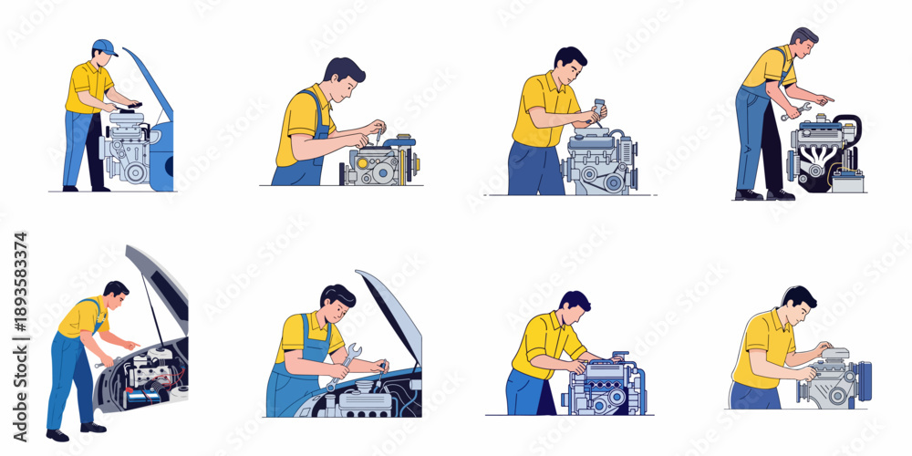 Fototapeta premium Professional auto mechanic working on car engine repair and maintenance services, set of detailed flat vector illustrations.