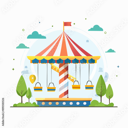 Vibrant carnival swing ride in colorful amusement park setting