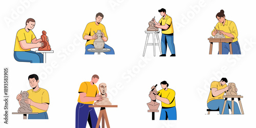 Artists Creating Sculpture and Pottery Collection: Flat Vector Illustration Set.