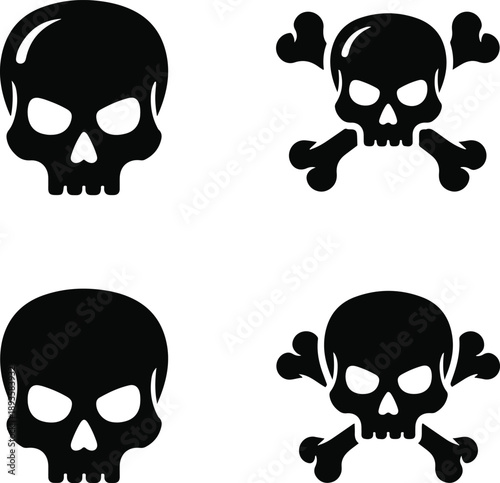 Four black skull and crossbones and skull on a white background death danger poison