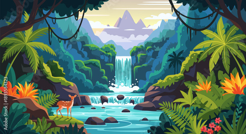 Enchanting Waterfall Landscape Vector Illustration with Lush Tropical Flora and Fauna
