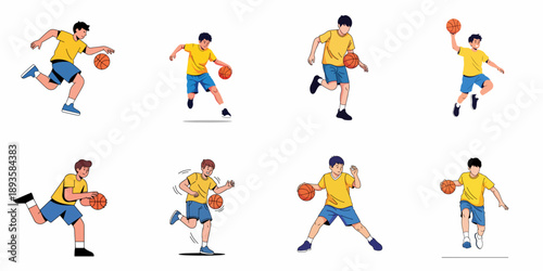 Dynamic vector illustration set featuring a young male basketball player in various actions including dribbling, running, and shooting on a white background.
