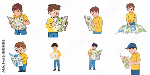 Set of cartoon boys reading paper maps, exploring navigation, travel, and direction finding illustrations.