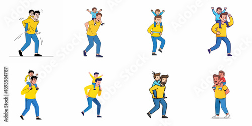 Happy Fathers Carrying Young Sons Piggyback and On Shoulders Vector Illustration Set Depicting Family Fun and Parental Bonding.