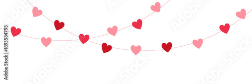 Paper pink heart string. Valentine day garland. Love background. Wedding banner. Happy Holiday decoration. Birthday party bg. Hanging confetti. 8 March card. Vector illustration.