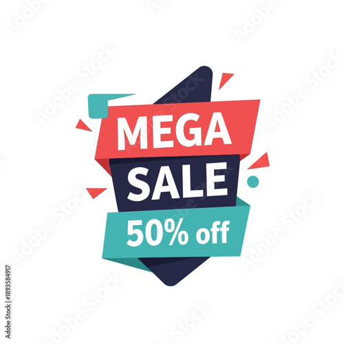 Promotional banner for a mega sale event with a 50% discount offer displayed prominently in a modern graphic design