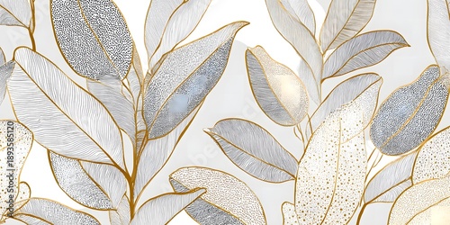 Clean Background Botanical Repeat with Minimal Leaf Illustrations