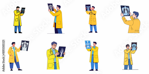 Set of medical professionals in yellow coats analyzing X-ray radiographs, illustrating diagnosis and bone structure examination.