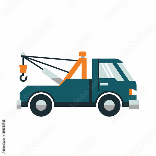 Cartoon illustration of a dark teal tow truck with an orange crane and hook, depicted in a side profile on a white background.