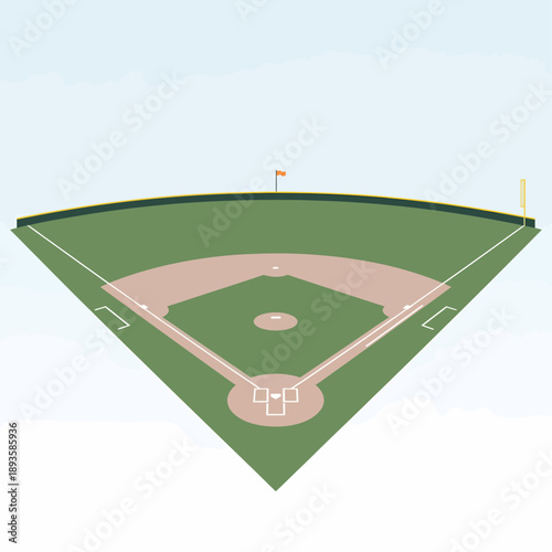 A detailed illustration of an empty baseball field with green grass, brown dirt, and white bases under a clear sky, ready for a game.