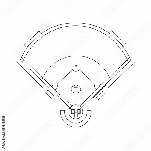 Overhead line drawing illustration of a baseball field with diamond, bases, pitcher's mound, and outfield.