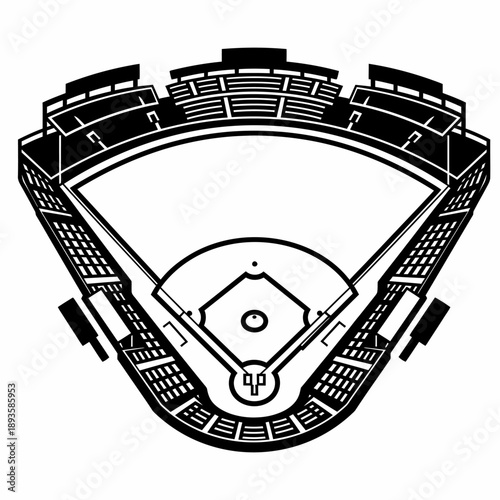 Black and white line art illustration of a baseball stadium with a diamond field and tiered seating for sports events.