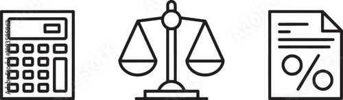 A minimalist set of financial symbols displays two calculators, a justice scale, and a document featuring a percentage sign, emphasizing precise measurement and legal matters.