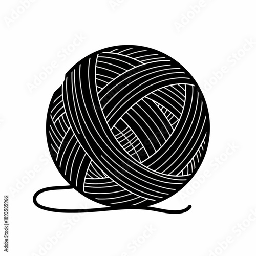Black and white graphic illustration of a neatly wound ball of yarn with a loose end, depicting crafting and knitting supplies.