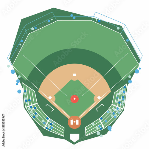 Overhead view of a baseball stadium with green field, dirt infield, bases, and seating areas, featuring scattered blue markers.
