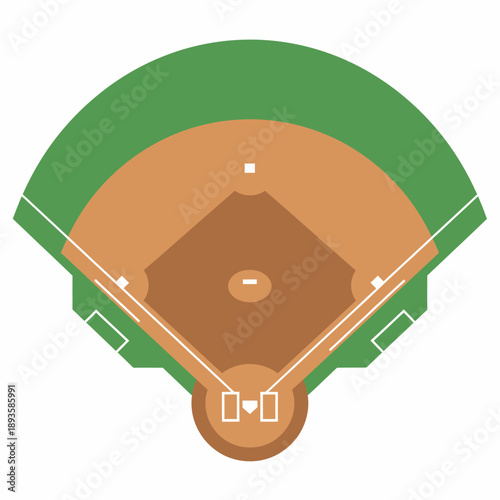 Overhead view of a baseball field with a brown dirt infield, white bases, and green outfield grass, ready for a game.