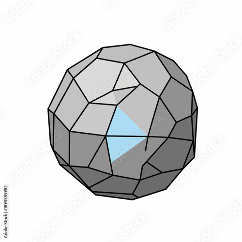 Complex geometric polyhedron with numerous irregular faces and one highlighted blue triangular facet.