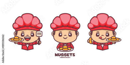 Chef mascot with nuggets, culinary vector illustration
