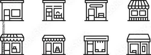 Row of eight thin line icons representing distinct small business storefronts, showcasing various window and door arrangements for commercial use.