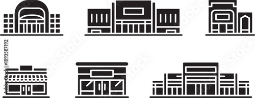 Collection of six monochrome line art symbols depicting key organizational concepts including large venue structures, multi-story commercial properties, and varied building layouts.