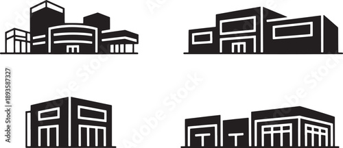 Four solid black isometric illustrations showcase different styles of modern commercial centers, shopping malls, and large retail complexes against a white backdrop.