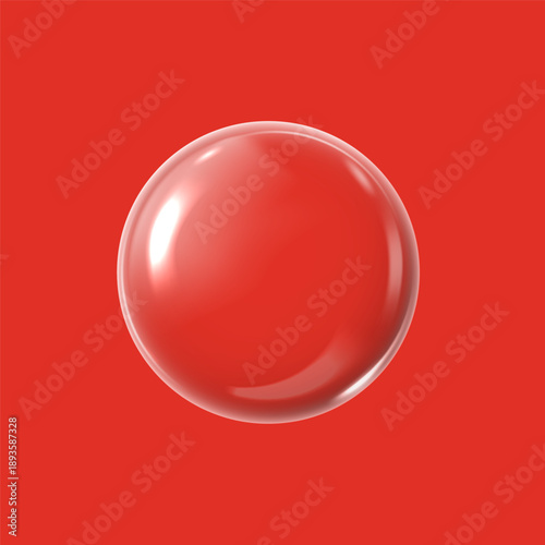 A transparent 3D glass sphere with a glossy surface and highlights on a red background.