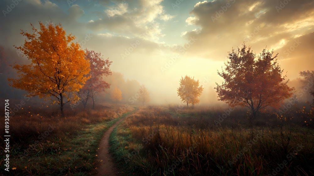 Fototapeta premium Golden Haze: Autumn Path Through Misty Fall Foliage at Dawn