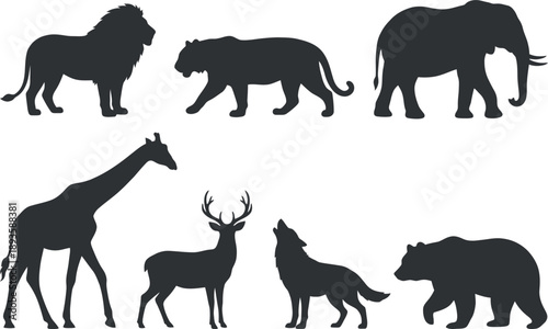 Wild animal silhouettes set with safari and forest wildlife
