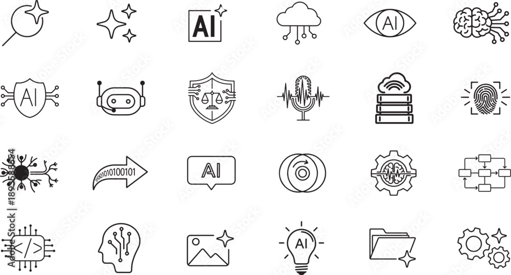 Fototapeta premium Minimalist Black and White AI and Tech Icons – Neural Network, Blockchain, Cloud, Fingerprint, Voice, Robot, Gear