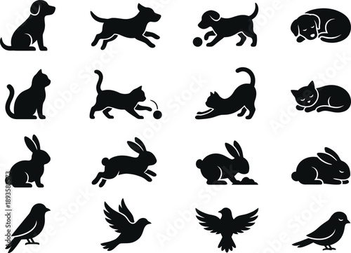 Playful pet icons vector collection with cat and dog silhouettes in various poses