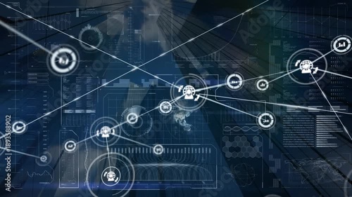 Animation of network of connections over data processing and cityscape