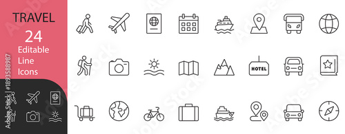 Travel Line Icon set. Contains symbols for Passport, Vacation, Transportation, and Hotel. Line vector design for tourism agency and summer trip planning workflow.