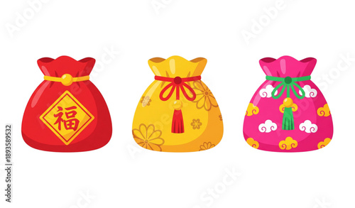 Cartoon colorful lucky gift bag traditional asian icon set isolated on transparent background