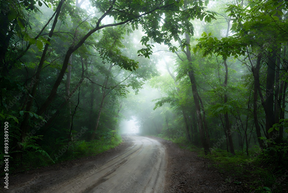Fototapeta premium Misty Forest Path: Sunlit Green Canopy and Serene Nature Trail