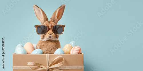 Happy Easter concept holiday greeting card - Cool Easter bunny, rabbit with sunglasses, sitting in a gift box with Easter eggs, isolated on a blue background