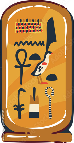 Egyptian hieroglyphs stone tablet with carved symbols, sacred signs, ibis bird figure and ankh motifs inspired by ancient Egypt culture and religion. Egyptian hieroglyph tablet, vector illustration