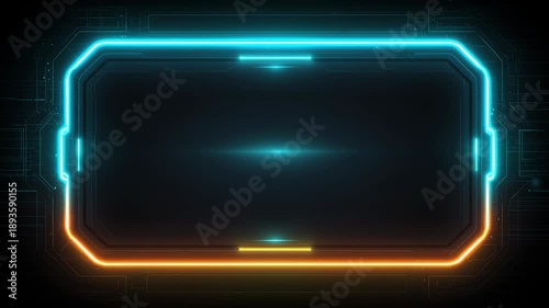 Futuristic neon cyber frame background with glowing blue and orange light and digital circuit interface