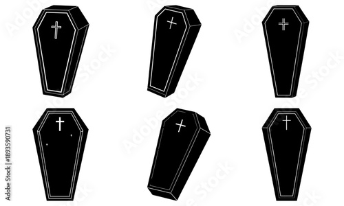 Six black coffins with crosses, arranged in two rows, viewed from directly above