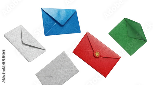 Φωτογραφία vibrant collection of five textured envelopes in assorted colors, including red, blue, green, and two grays, on a transparent background